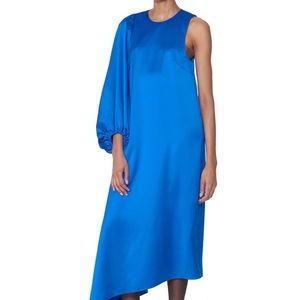 Tibi Celestina Satin One Sleeve Bias dress in Blue